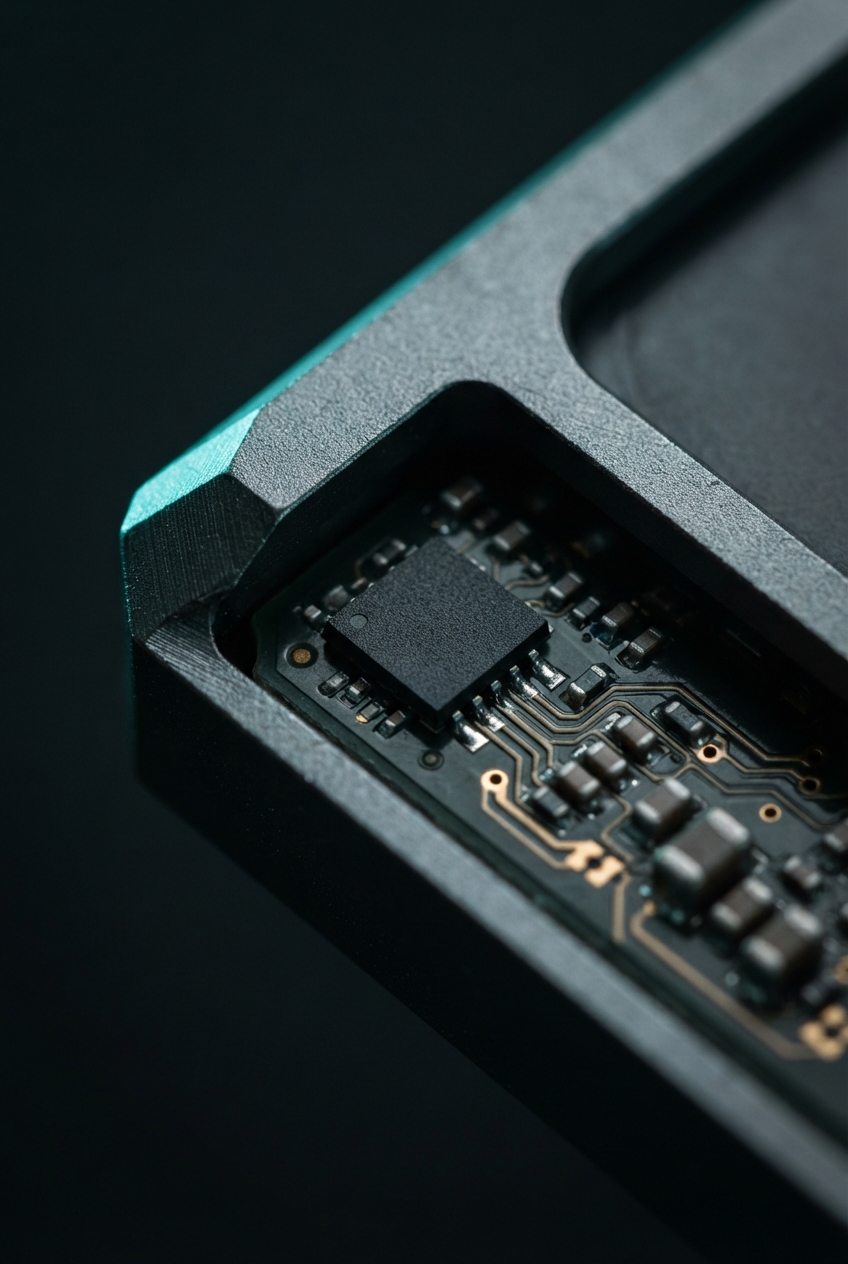 Macro view of a circuit board with a central black chip inside a dark angular housing.