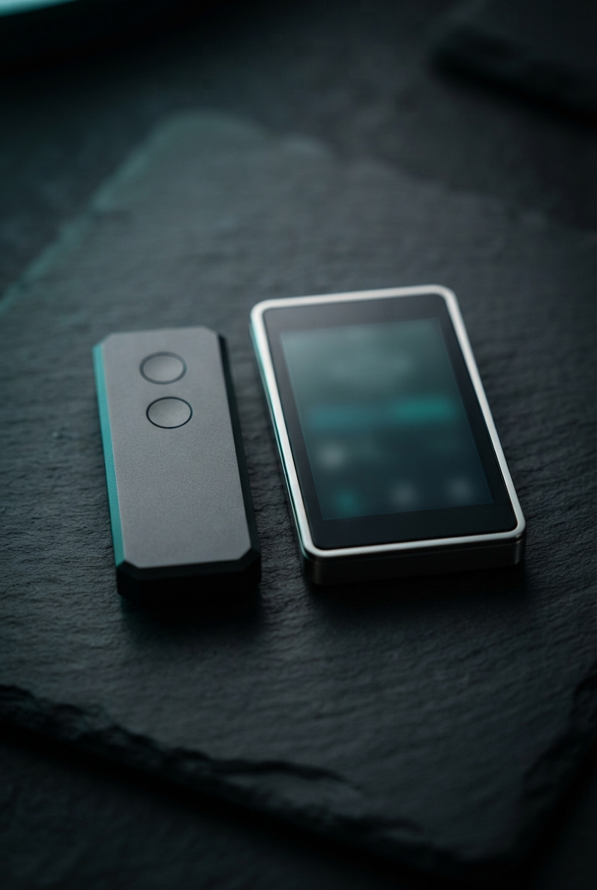 Two small electronic devices, one with two circular buttons and one with a blurred screen, on a dark textured surface.